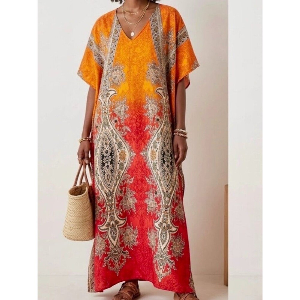 Vintage Paisley Floral Ombre Maxi Kaftan Dress Beach Coverup FREE SIZE